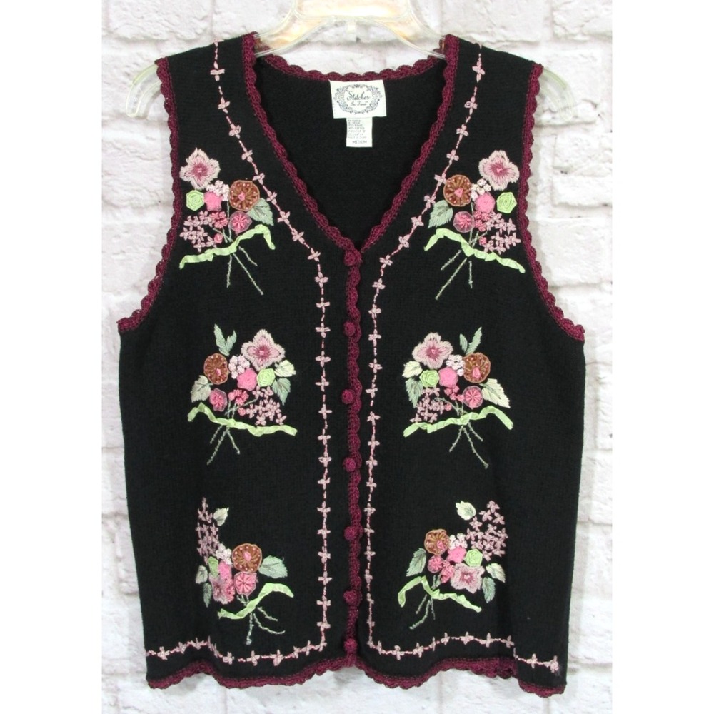 Vintage Stitches in Time Floral Embroidered Beaded Sweater Vest Medium Granny